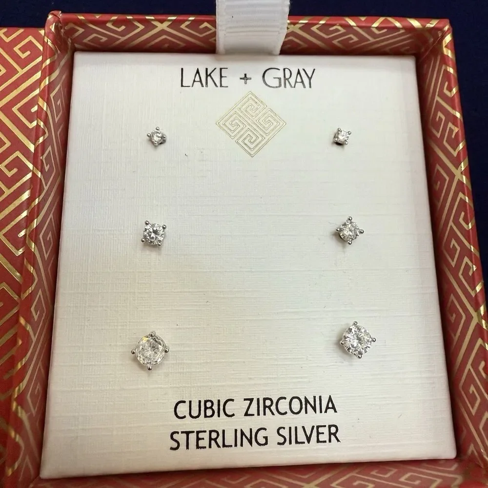 Lake + Gray Cubic Zirconia Sterling Silver Delicate Mini Stud Earrings 3 Pairs